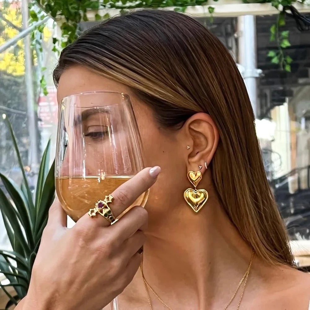 Double Heart Gold Earrings